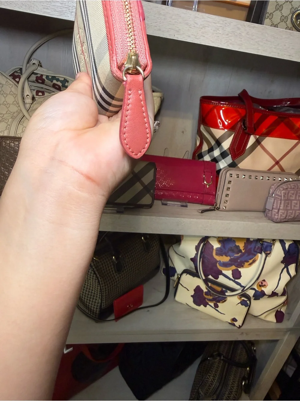 Burberry Pink Leather & Vintage Check Zip Wallet